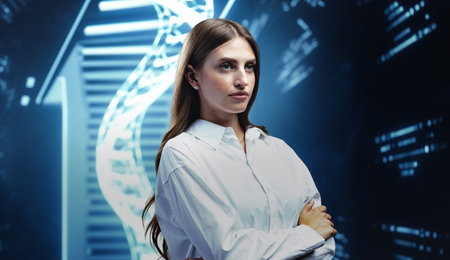 Young businesswoman watch and analyze digital business data on futuristic holographic screen
