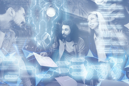 Group of businesspeople working together at office meeting. Global business concept. Futuristic...