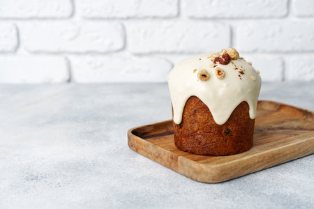 Traditional Easter cake with nuts on gray backgroundの写真素材