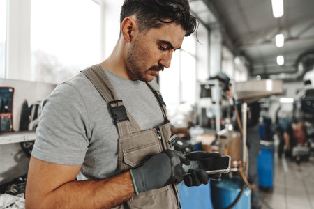 Close up of automechanic using cellphone at workplace in car service
