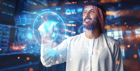 Muslim businessman working with floating data visualization screenの写真素材