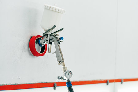 Airbrush paint gun in paint in car service stationの写真素材