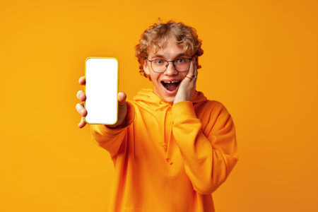 Young smiling man holding smartphone with blank device screen against yellow backgroundの写真素材