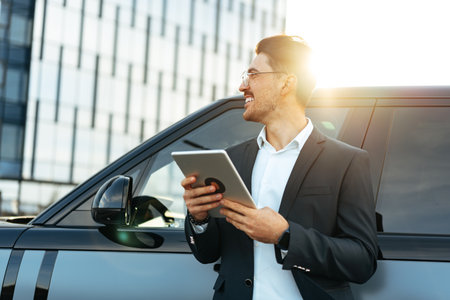 Young businessman using digital tablet while standing outdoorsの写真素材