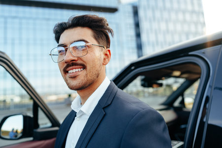 Young handsome businessman in a suit comes out of the luxury carの写真素材
