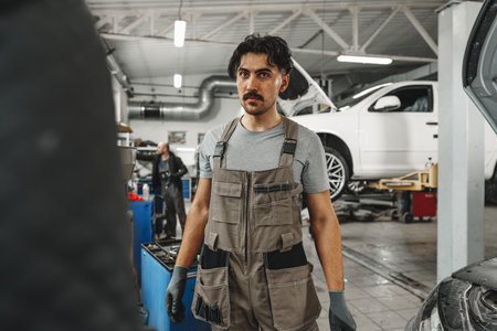 Portrait of a male mechanic in an auto repair shopの写真素材
