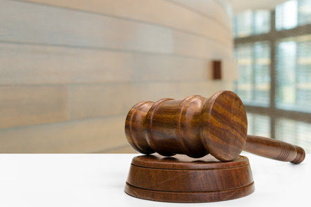 Wooden gavel on table close up. Justice conceptの写真素材