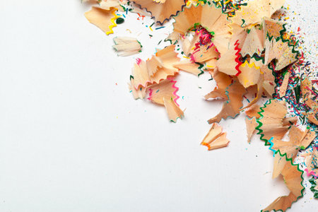 Set of shavings from pencils, isolated on white backgroundの写真素材
