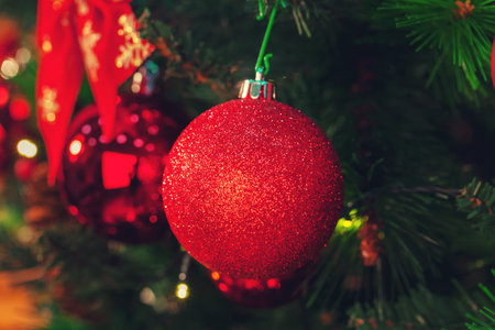 Decorated Christmas tree closeup.の写真素材