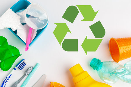 waste recycling eco symbol with garbage disposal on table background top