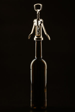 Bottle of wine and corkscrew over dark backgroundの写真素材