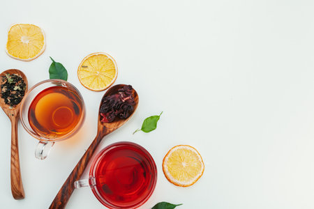 Tea in a glass cup with spices and herbs. Top view.の写真素材