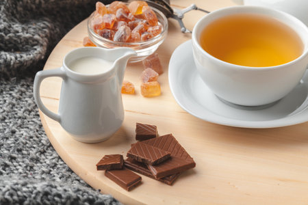 Tea time. Cup of tea on a beautifully decorated tableの写真素材