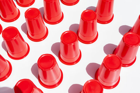 Red Plastic Drinking Cups pattern as a backgroundの写真素材