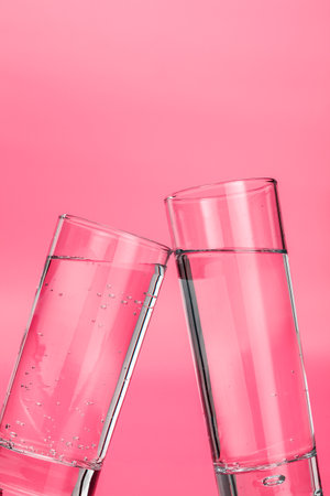 glass of water on a pink backgroundの写真素材