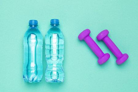 concept preparing to fitness sports equipment top viewの写真素材