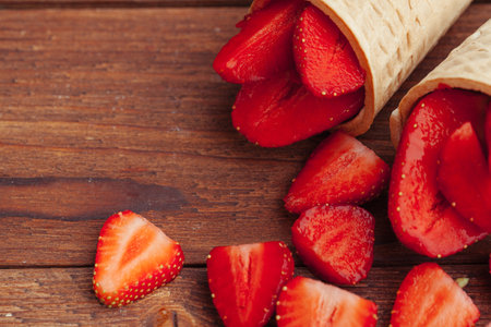 Fresh strawberry in waffle cone. Creative food conceptの写真素材