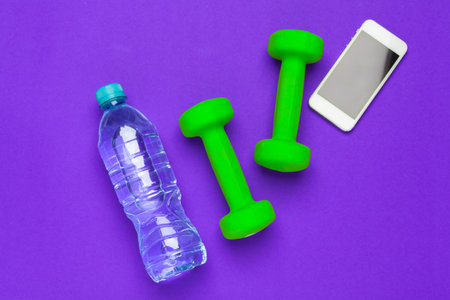 concept preparing to fitness sports equipment top viewの写真素材