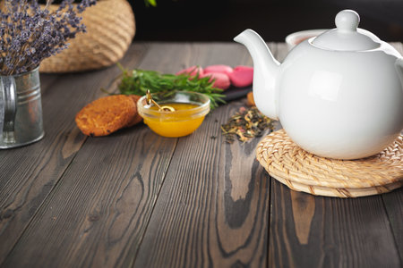 Tea composition on wooden tableの写真素材