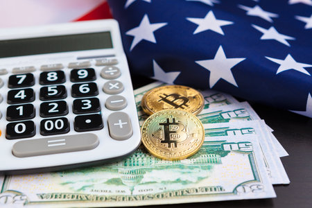 American flag background and bitcoin, new economy on the internetの写真素材