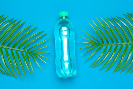 Transparent liquid bottle with tropical palm leaves, top viewの写真素材