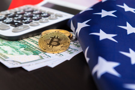 American flag background and bitcoin, new economy on the internet