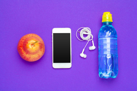 Top view flat lay of office supplies with water bottleの写真素材