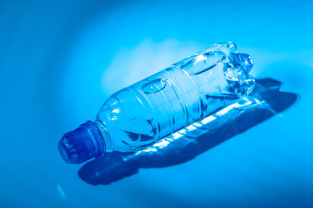 Water bottle close up on dark blue backgroundの写真素材