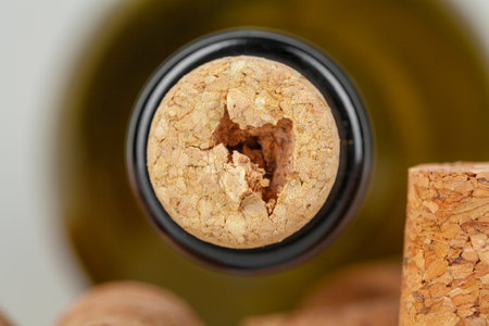 wine bottle with cork on dark background close up viewの写真素材