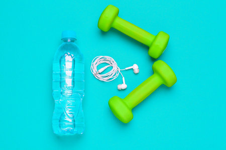 concept preparing to fitness sports equipment top viewの写真素材