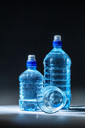 Served table set of mineral water bottle and glassの写真素材