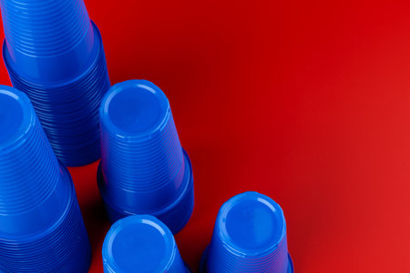 Large group of disposable plastic cups, red and blueの写真素材