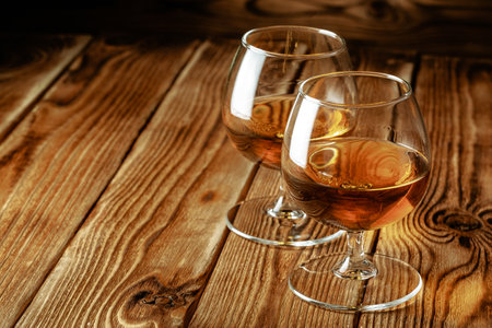 Cognac or whiskey in glasses on rustic backgrpundの写真素材