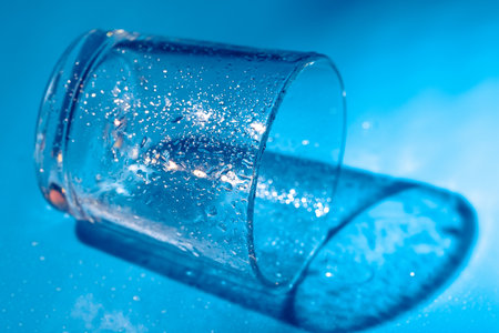 A glass with water drops on a dark blue background close upの写真素材