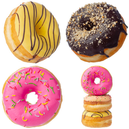 Set of various colorful donuts isolated on white backgroundの写真素材