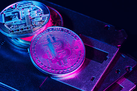 golden bitcoin on floppy diskの写真素材