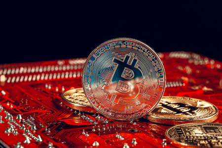 golden bitcoin and computer chip in backgroundの写真素材