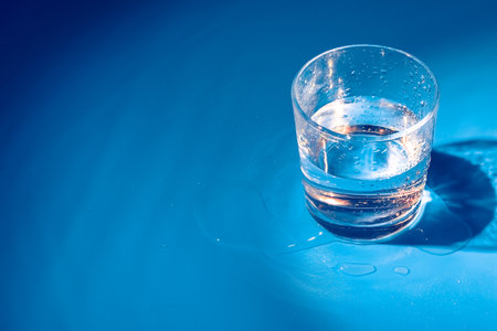 A glass with water drops on a dark blue background close upの写真素材