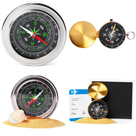 Vintage compass isolated on white background collage