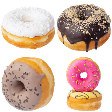 Set of various colorful donuts isolated on white backgroundの写真素材