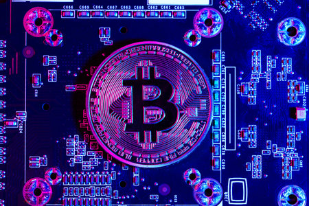 golden bitcoin and computer chip in background
