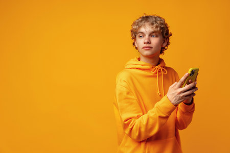 Happy caucasian young man using smartphone against yellow backgroundの写真素材