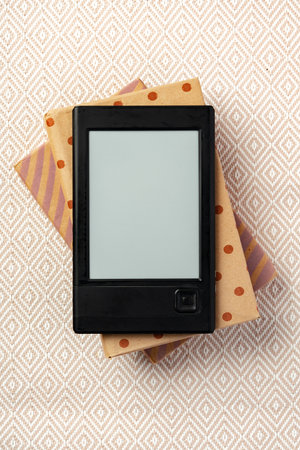 Electronic book reader device top view copy spaceの写真素材