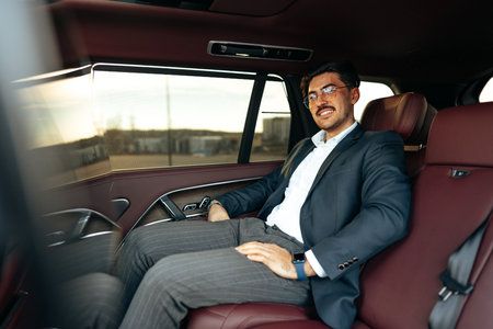 Young businessman in suit and glasses sitting on passenger seat in a luxury carの写真素材