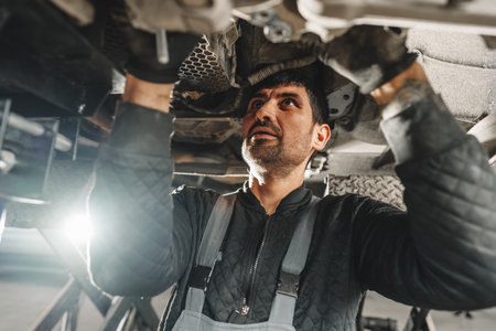 Auto mechanic repairs running gear of a car in car serviceの写真素材
