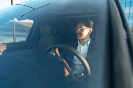 Young businessman in elegant suit driving luxury carの写真素材