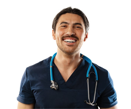 Smiling Asian doctor in uniform with stethoscope isolated on white backgroundの写真素材