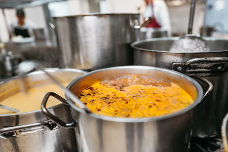 Food preparing in metal pots on the stove at professional kitchenの写真素材