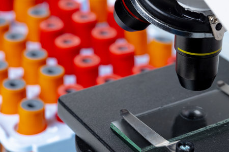 Microscope with blood samples test tubes close up