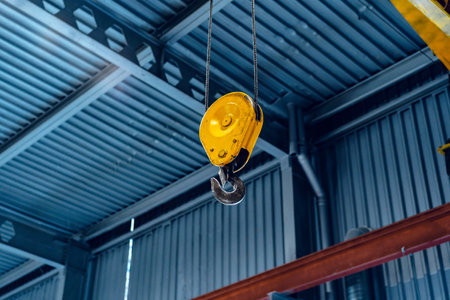 Industrial crane hook in a modern factory buildingの写真素材